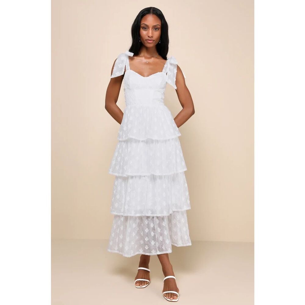 Lulus Gorgeous Excellence White Floral Burnout Tiered Midi Dress Size S New